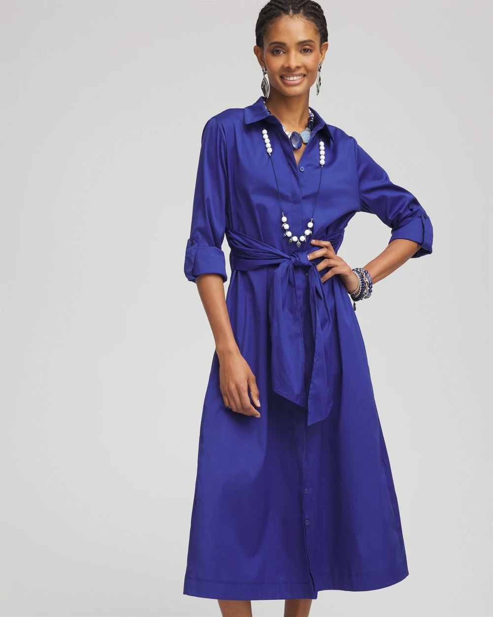 ● I AM MARI ● Canela Stripe Collar Shirt Dress (Belt Set) Wrap Belt Poplin Midi Shirtdress | Chico's